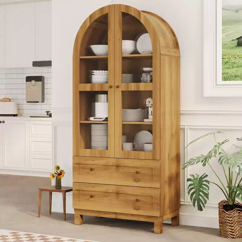 71 Tall Arched Kitchen Pantry Cabinet, Modern Storage Cabinet with 2 Drawers and Glass Door, Kitchen Pantry, Wooden Arched Bookshelf Cupboard