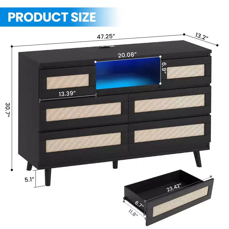 Storage drawers, rattan dresser with 6 drawers, LED lights and charging station, suitable for baby room, entryway, hallway