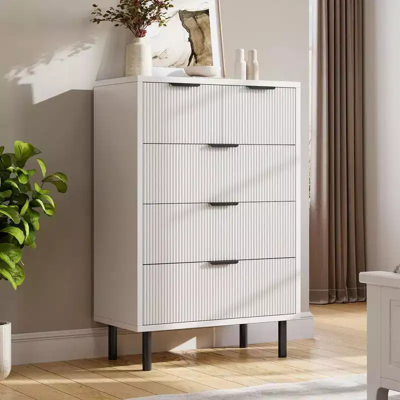 Fluted 5 Drawer Dresser for Bedroom, Modern Wood Chest of Drawers with Wide Drawers, Closet Dresser Organizer with Anti-Tipping Device