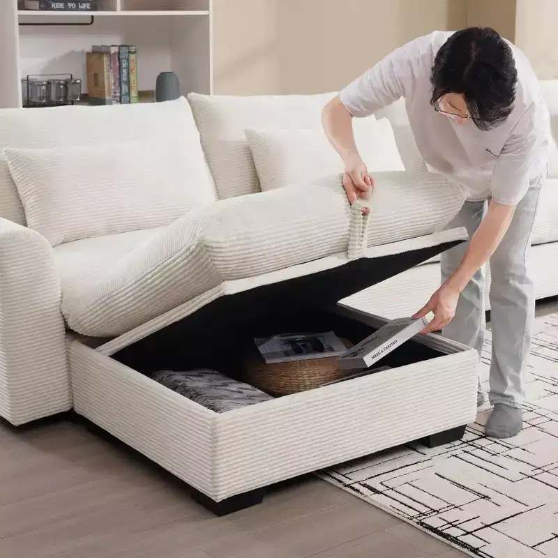 Square Corduroy Storage Ottoman Bench with Hidden Storage, Upholstered Footrest