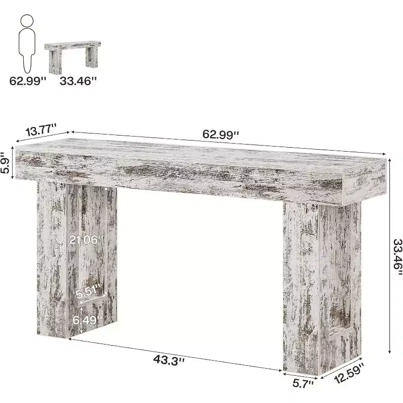 63 Farmhouse Console Table, Rectangular Wooden Accent Table in Distressed White for Entrance, Hallway & Living Room.