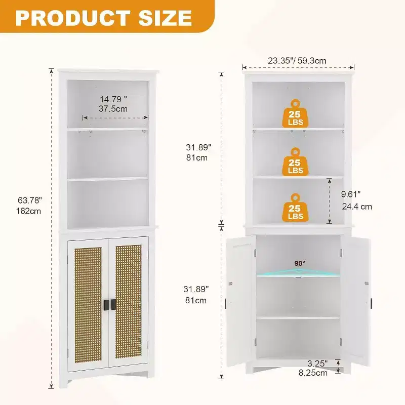 Rattan Corner Wine Cabinet with Adjustable Shelves - Farmhouse Freestanding Storage for Kitchen, Living Room
