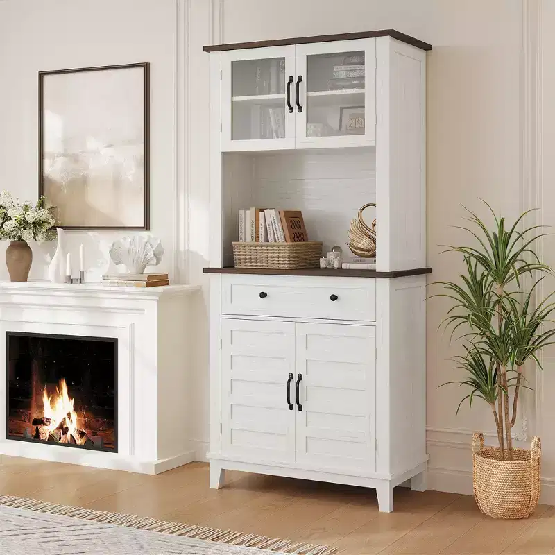 72 Kitchen Pantry Cabinet, Kitchen Bar Cabinet, Semi-Open Storage Cabinet with Drawers, Glass Door, Suitable for Dining Room, Living Room, White