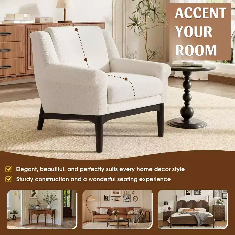 Whisen Sculptural Flared Arm Accent Chair with Solid Wood Frame Modern Reclined Upholstered Lounge Chair, Ergonomic Reading Chair