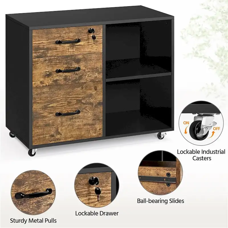 Rolling File Cabinet on with 3 Drawers and 2 Shelves