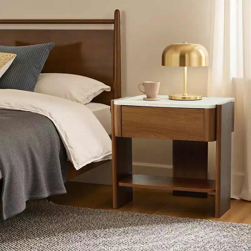 LuxenHome Faux Travertine Nightstand with Drawer and Open Shelf, MDF Wood Accent Side Table Brown