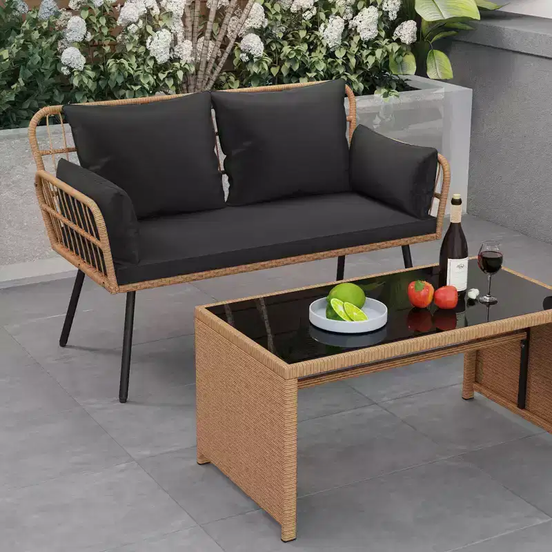Costway Patio Wicker Loveseat Furniture with Seat Back Cushions, Heavy-Duty Metal Legs Off-White/Black