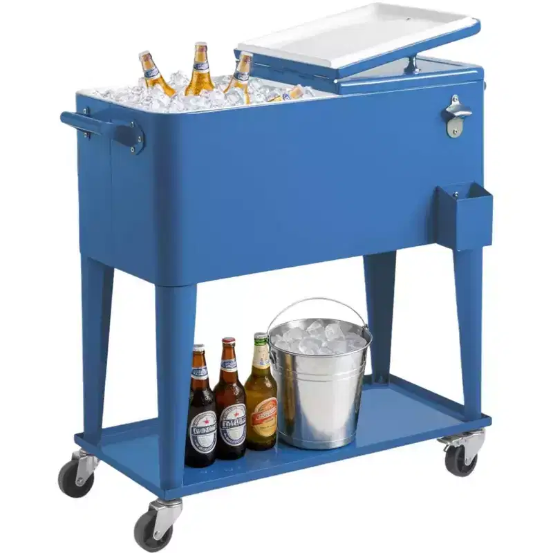 80 Quart Rolling Ice Chest Portable Bar Drink Cooler with Catch Basin, Bottom Storage Tray for Patio Party BBQ Beach, Blue, 34.3*15.2*35.8