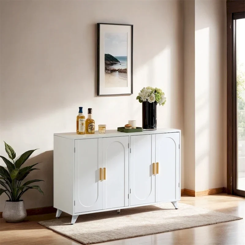 White 4-Door Water Ripple Sideboard Buffet Cabinet with Removable Shelves