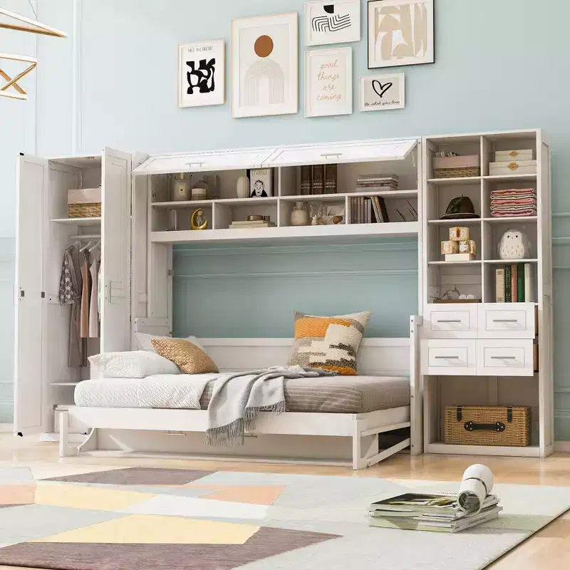 Full/Queen Murphy Bed Wall Bed with Closet, Cabinet Bed Folding Wall Bed with Storage Drawers and Shelves for Guest Room Office