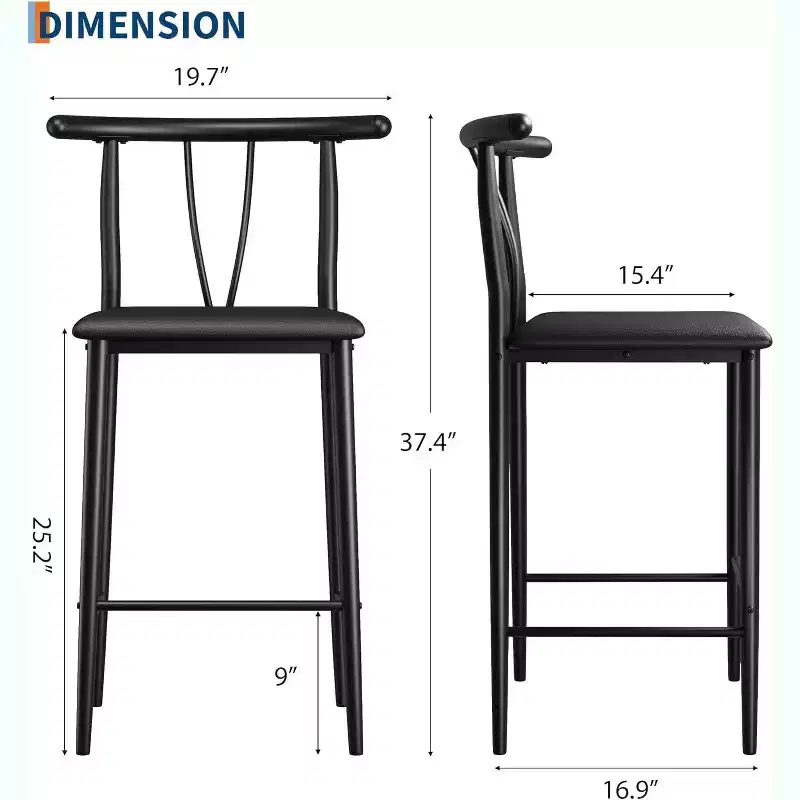 Metal Bar Stools,25.2 Counter Height Bar Stools with Wide PU Upholstered Seat,Curved Back & Footrest for Islands Kitchen Counter Bars,Black