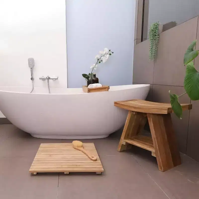 Natural Shower and Bath Stool with Curved Seat and Shelf - Beige