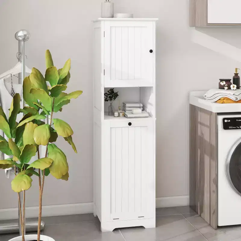 Tilt Out Laundry Hamper Cabinet, Hidden Laundry Hamper Cabinet with Compartment and Tilt Out Bottom Shelf, Tall Bathroom Storage Organizer White