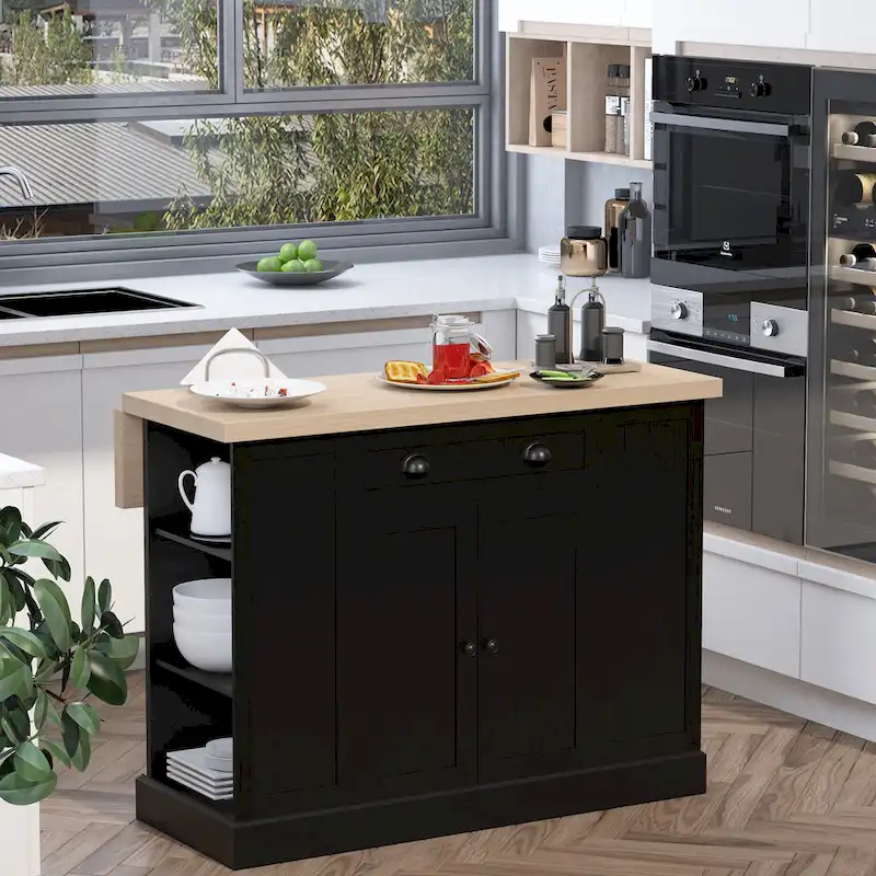 Fluted-Style Wooden Kitchen Island with Drop Leaf, Drawer & Open Shelves