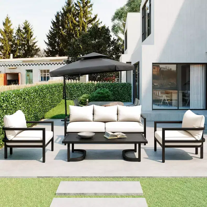 4-Piece Outdoor Steel Sofa Set with Coffee Table, Waterproof Cushions, Rust-Resistant Patio Seating for Backyard, Garden & Lawn-Panipeachy