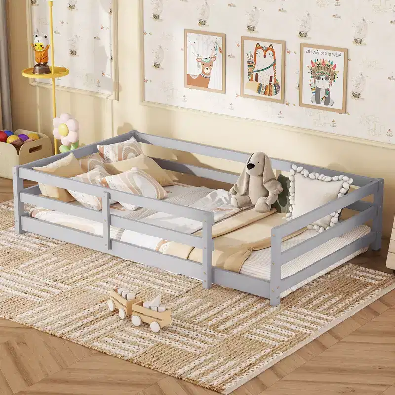 Twin/Full Low Profile Toddler Bed with Safety Rails & Solid Wood Frame - Kids Bedroom