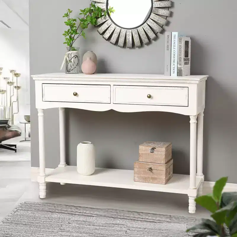 LuxenHome White Wood Console Table with 2 Drawers and Shelf, Entryway Storage Furniture