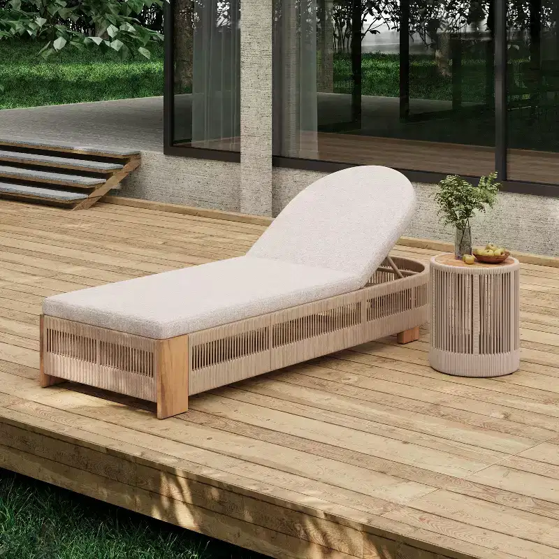 Christopher Knight Home Lariya 2 Piece Outdoor Acacia Wood and Rope Chaise Lounge Chat Set with Cushions and Side Table