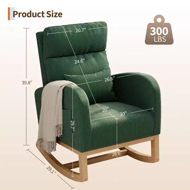 Modern Nursery Glider Chair - Rocking Chair with Side Pockets & Pillow, Ergonomic Rocker for Nursing Room, Living Room & Bedroom