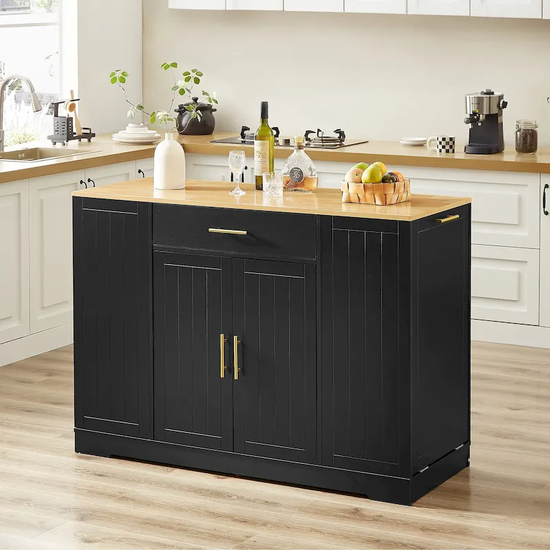 Kitchen Island with Tilt Out Trash Can Holder, Mobile Islands Table with Drawer, Adjustable Shelves & 3 Layer Open Side Racks