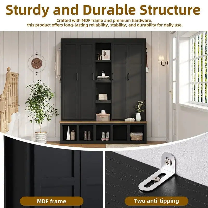 Farmhouse 4-in-1 Hall Tree with Open Display Shelves, Mudroom Shoe Bench with Open Compartments, Entryway Coat Rack with 6 Hooks