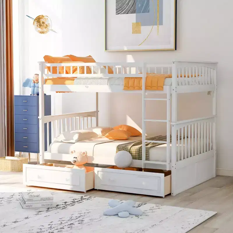 Full Size Wood Bunk Bed with Drawers & Guardrail, Natural Brown, 1-2 Person