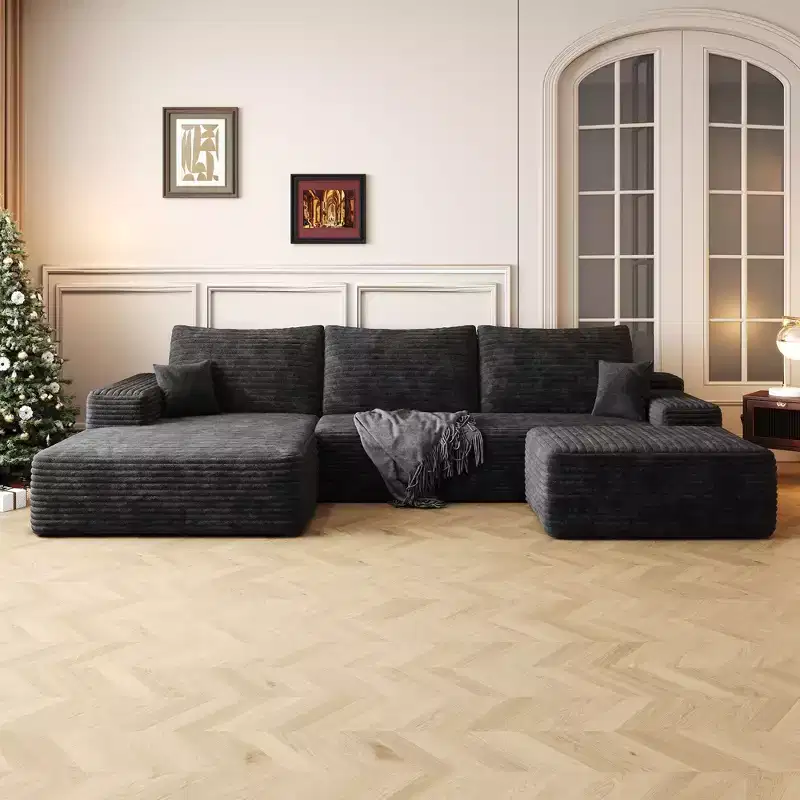 107 Inch Gray Plush Corduroy Fabric Cloud Sectional Sofa with 1 Ottoman Comfort U Shaped Sofa for Living Room