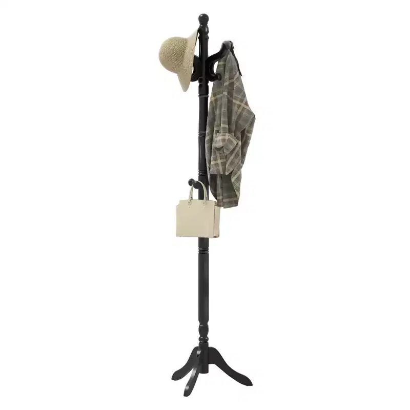 Solid Rubber Wood Coat Rack with 3 Adjustable Heights and 11 Hooks for Hallway Black/Brown/Natural