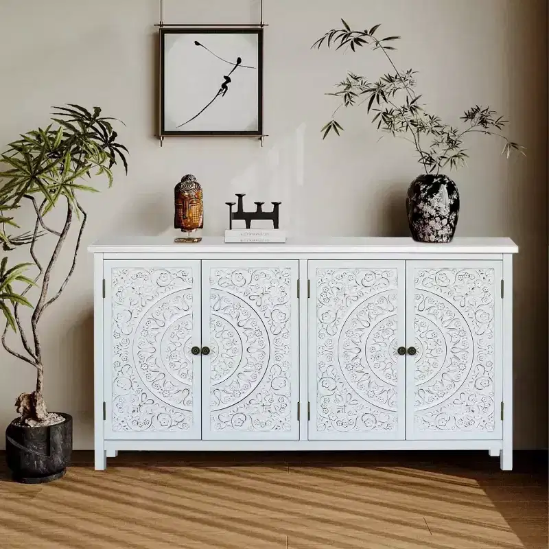 60 White Boho Sideboard Buffet Cabinet, 4-Door Engineered Wood Credenza with Carved Floral Mandala Pattern - Panipeachy