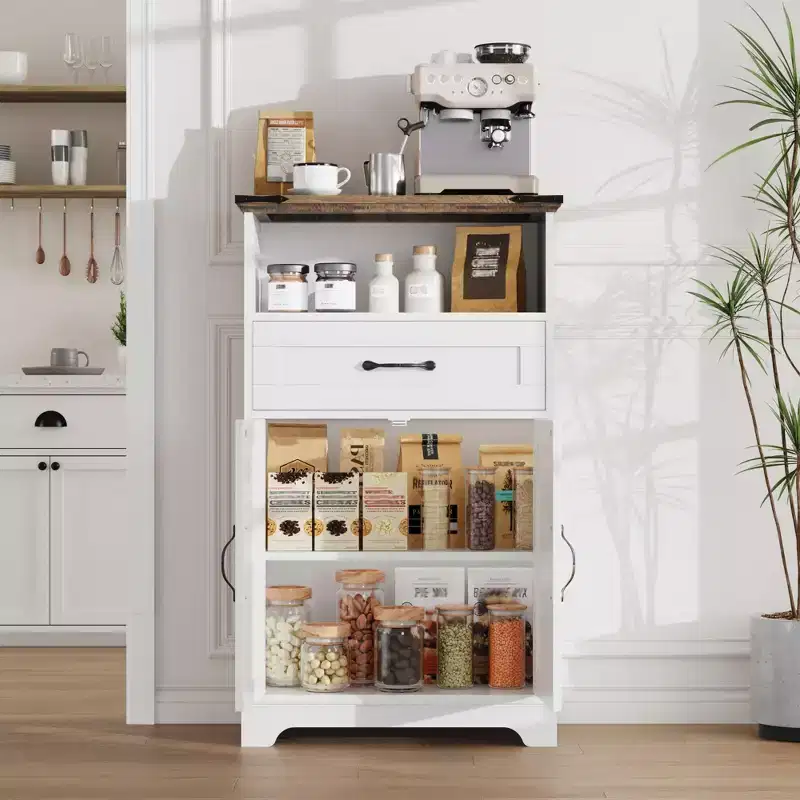 Farmhouse Bathroom Cabinet with Doors and Drawers, Freestanding Storage Cabinet w/Wood Texture