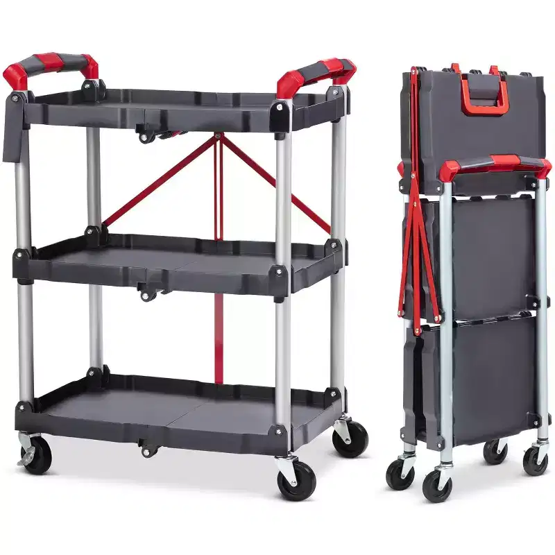 3-Tier Foldable Utility Cart with Wheels,Portable Rolling Storage Trolley,167 lbs Load Capacity,No-Assembly Organizer for Office,Home,Garage,Warehouse
