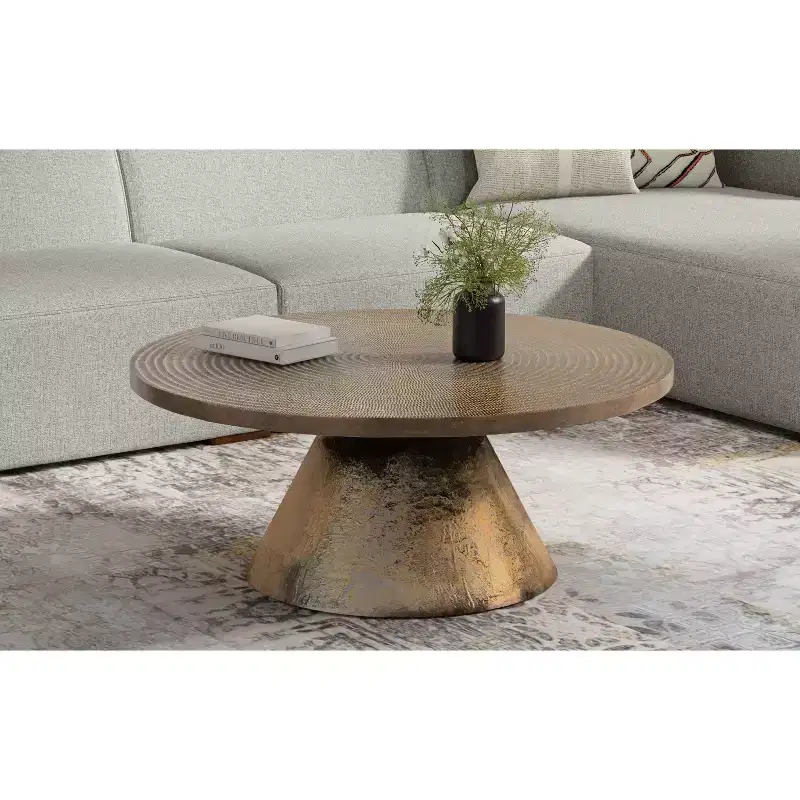 36 inch Wide Round Cast Aluminum Coffee Table in Vintage Brass, Fully Assembled