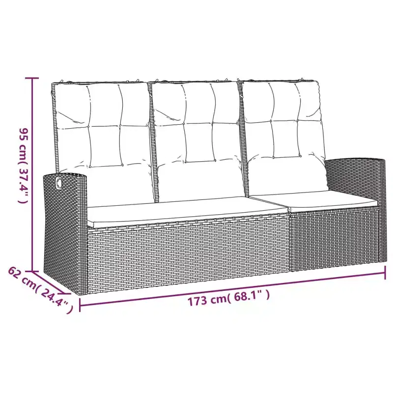 Garden Bench Black Poly rattan 3 Seater Adjustable Armrests