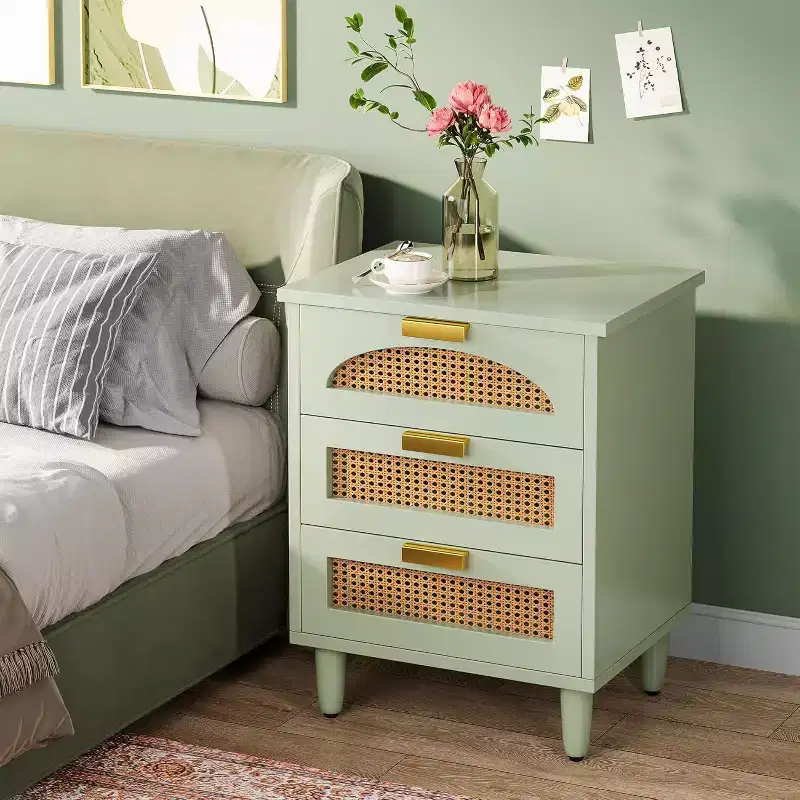 Lantine Rattan Night Stand, Mint Green 3-Drawer Bedside Table with Storage, End Table for Bedroom, Living Room, Sofa, Office