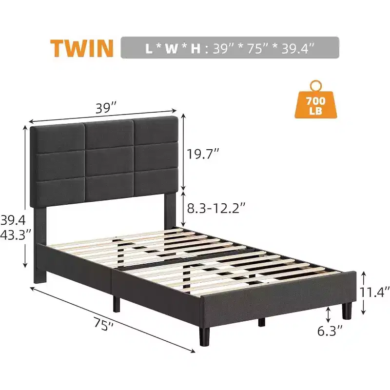 Queen Size Wood Bed Frame, Upholstered Platform Bed with Adjustable Headboard, Sturdy Wooden Slats, No Box Spring Needed, Grey