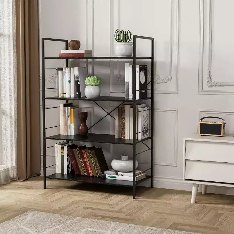 4 Tier Bookshelf, Large Bookcase w/Steel Frame, Industrial Book Shelves for Home Office, Rustic Book Shelf Organization & Storage for Bedroom