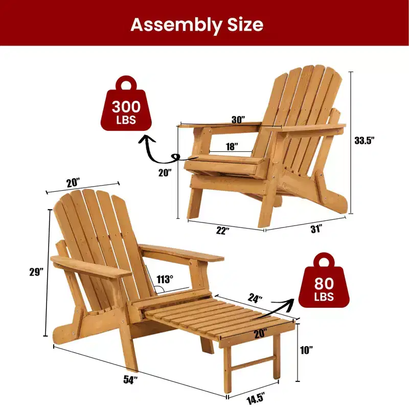 Adirondack Chair, Folding Wooden Outdoor Lounge Accent Chair, 300lb Weight Capacity