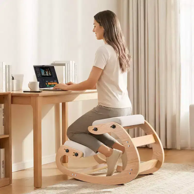 Ergonomic Kneeling Chair, Wooden Posture Knee Chair with Adjustable Thick Foam Cushions & Solid Wood Frame, Adjustable Height, Beige