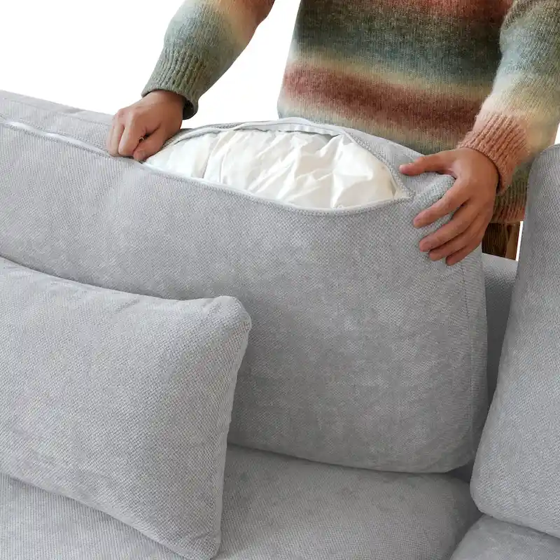 82.68 Down Filled Sectional Couch L-shape Linen Upholstered Loveseat with Ottoman