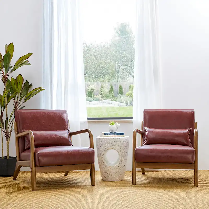Glitzhome Set of 2 30.75H Mid-Century Modern PU Leather Accent Chairs with Cushion - 25.75W x 33.75D x 30.75H