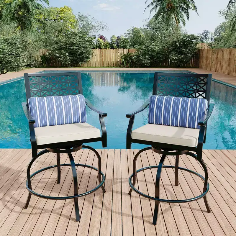 Outdoor Swivel Bar Stools Counter Height with Red Cushion, 2PCS Patio Bar Stools with Armrest & Back, Tall Outdoor Swivel BarStools for Backyard