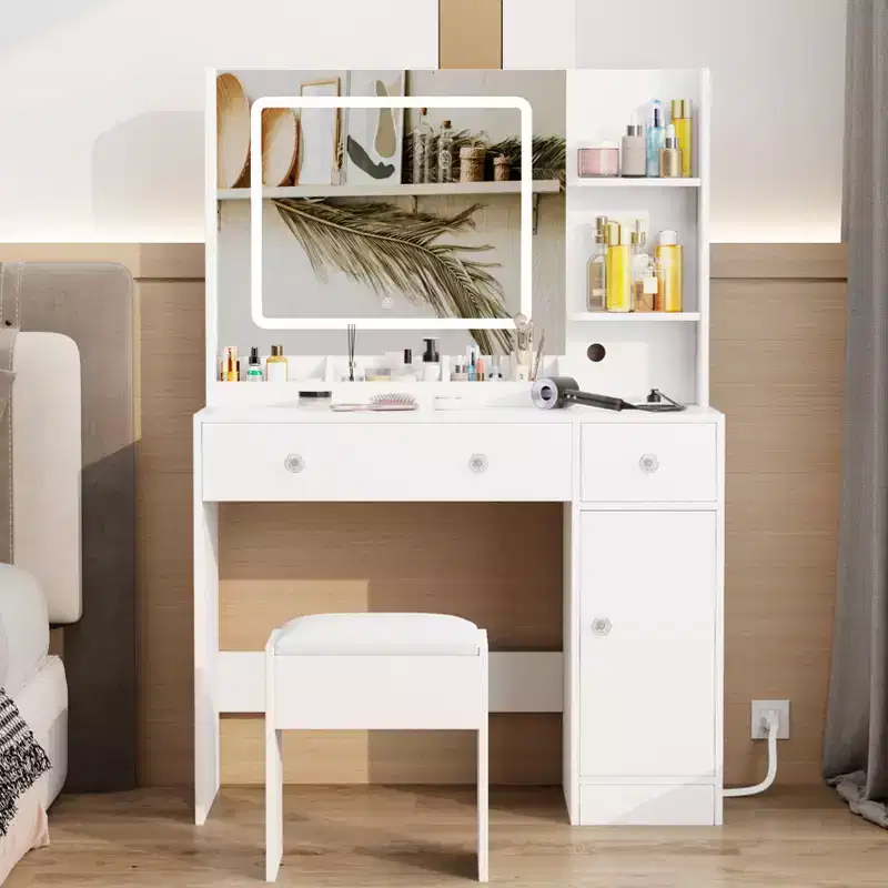 White Makeup Vanity Desk with Mirror and Lights Vanity Set with Stool 3 Color Lighted Mirror Dressing Table with Power Outlet and Drawers Cabinet