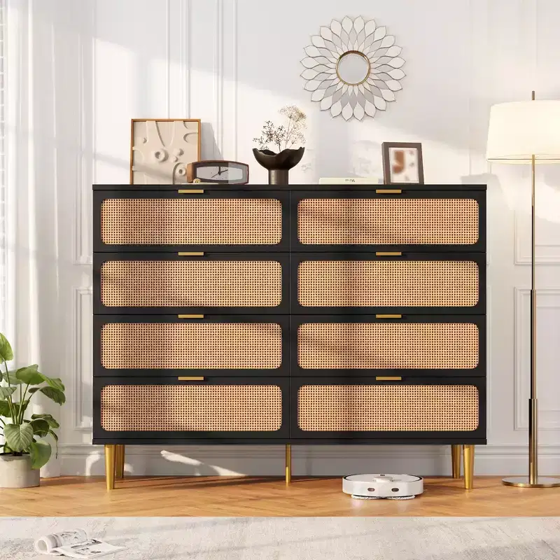 Rattan 8 Drawer Dresser for Bedroom, 47W Wooden Chest of Drawers with Metal Handles, Wooden Dresser TV Stand, Clothes Storage Organizer for Bedroom