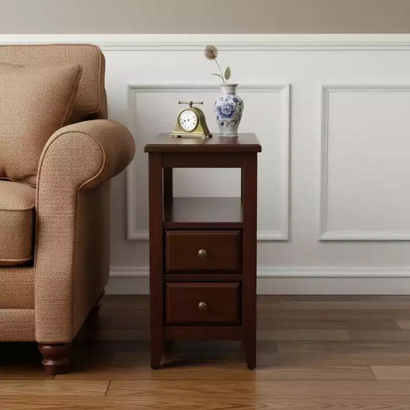 HomeRoots 24 Dark Brown Manufactured Wood End Table With Two Drawers And Shelf