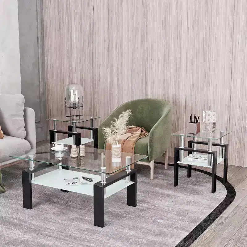 MAYEERTY Modern Tempered Glass End Table, Square Side Table for Living Room Bedroom, Set of 2, Transparent