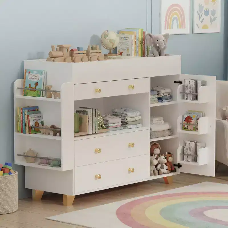 JVNOXK 54-inch Wide Dressing Table Modern Changing Table Wide tabletop design Three drawers Dresser with 12 drawers and storage shelves White