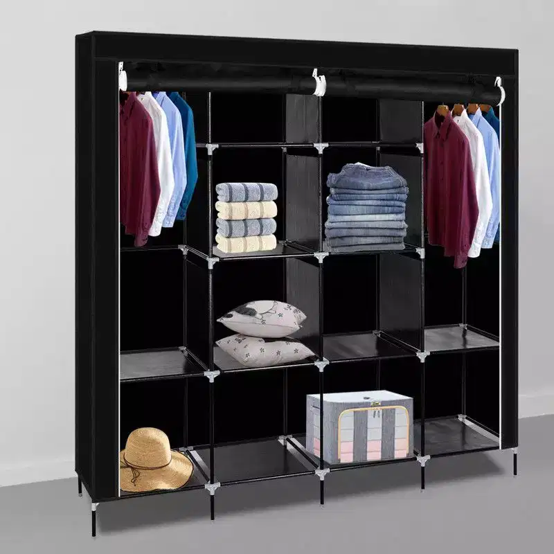 12-Cube Portable Closet Wardrobe with 2 Hanging Rods & 4 Side Pockets, 4-Tier Non-Woven Fabric Storage Organizer Black