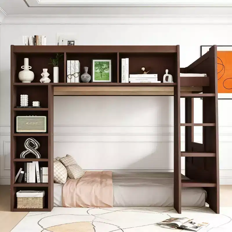 Queen Wood Loft Bed with 8 Storage Shelves for Apartment