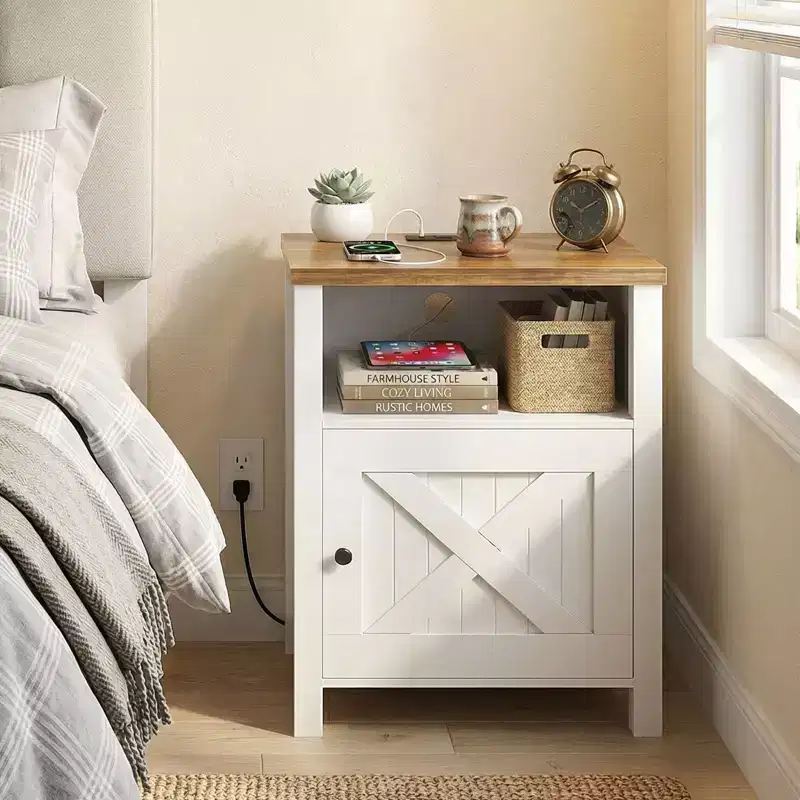 Rustic-Style Storage Nightstand with Built-in USB Port and Power Outlet; Features open shelving and closed cabinets, Bedside table with storage