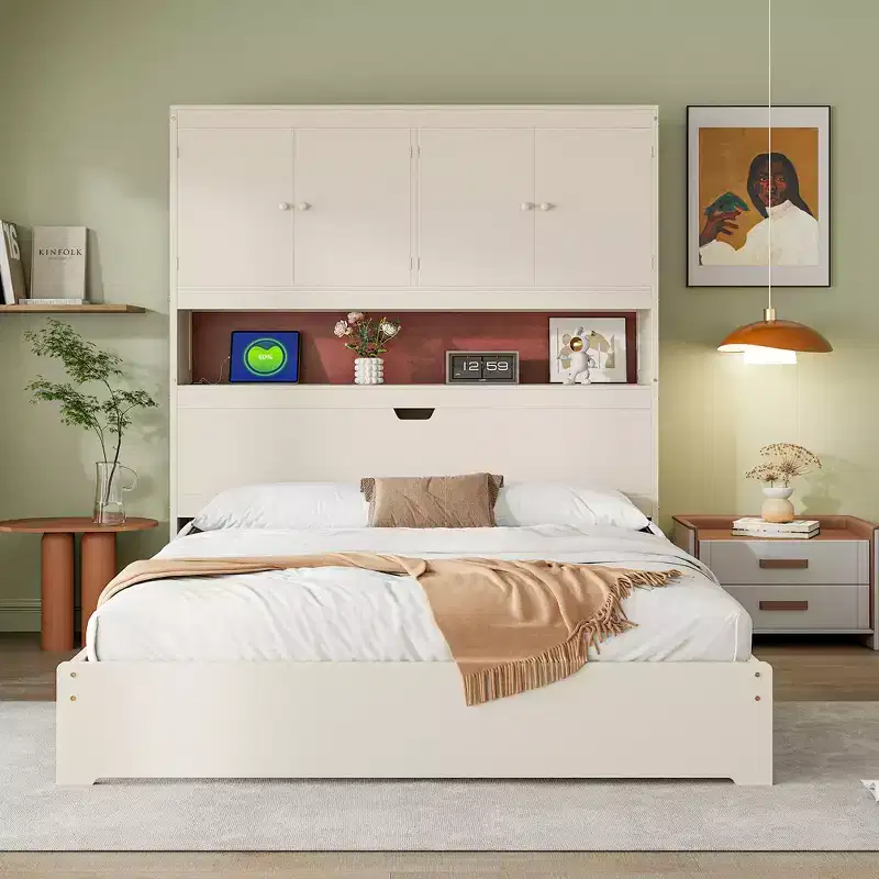 Full Size Platform Bed Frame with Drawers, Wooden Platform Bed with Storage Headboard and USB